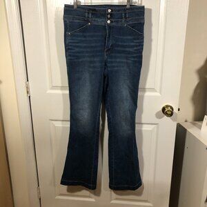 WHBM Black Tag women skinny flare jeans, three front buttons and zip, 14